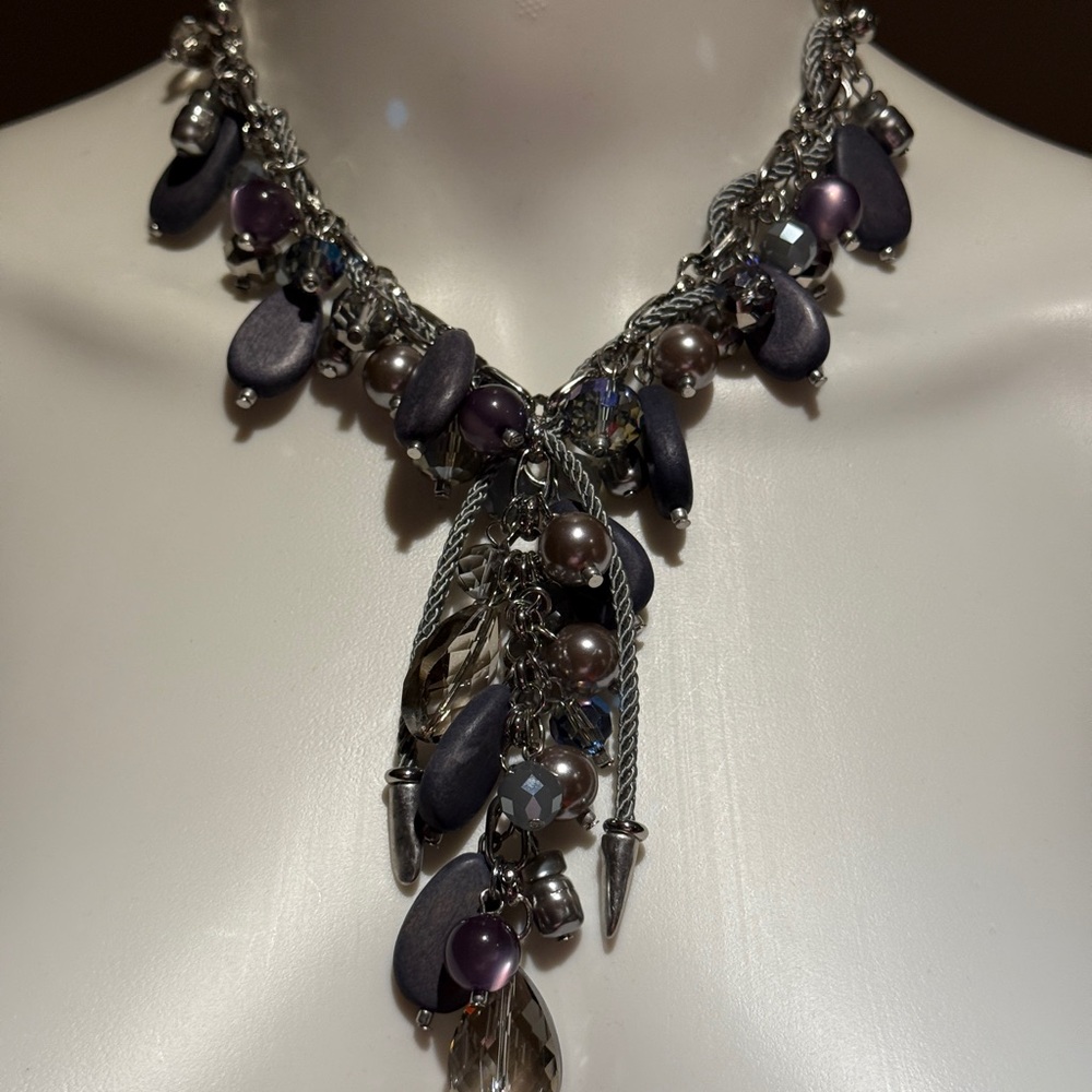 Chico's Blue & Grey Beaded Cluster Necklace with Silver accents. 12” - Picture 2 of 7